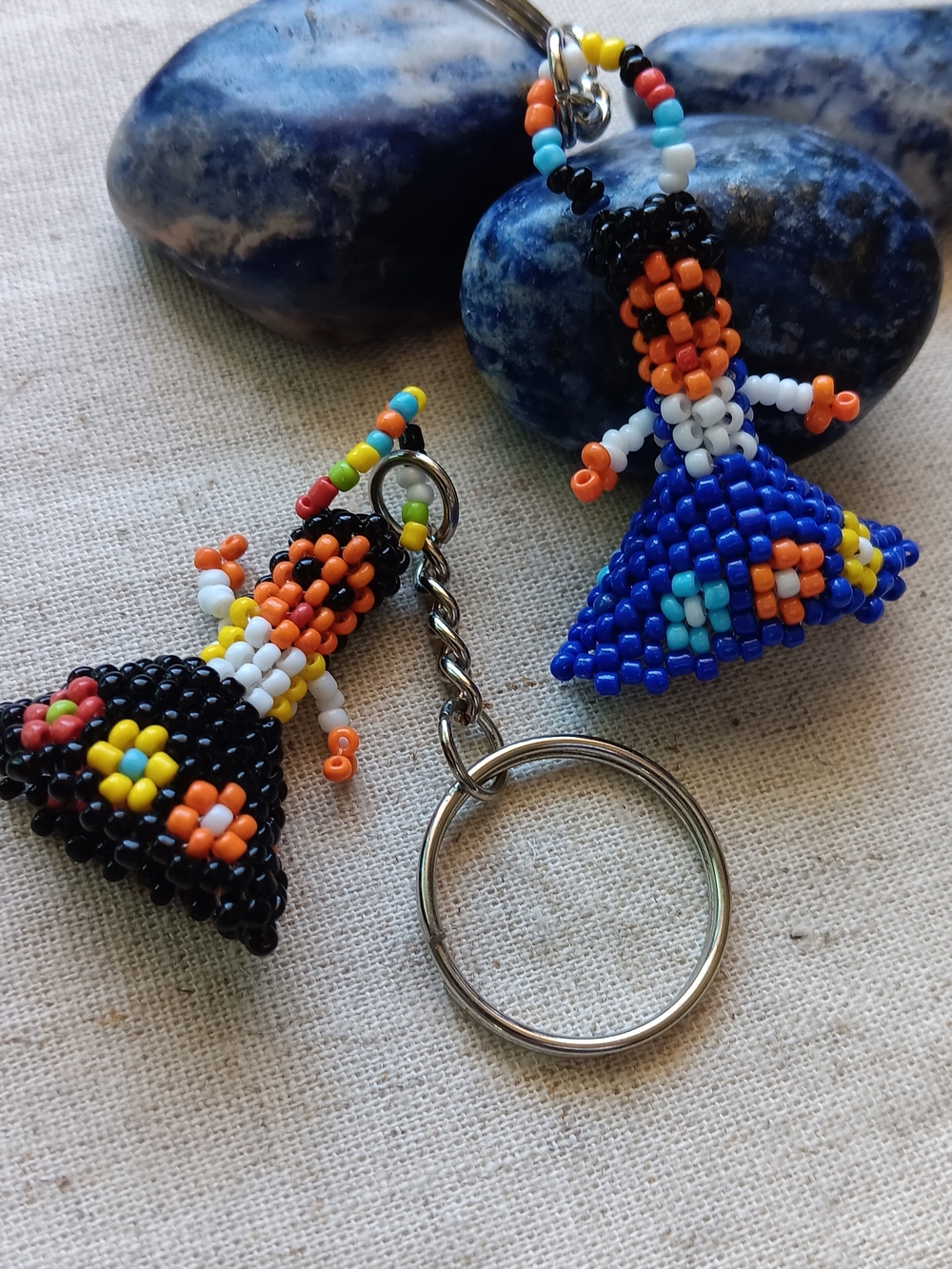 Native American Beaded Katchina Doll Keychains- Blue and Black, Vintage New!